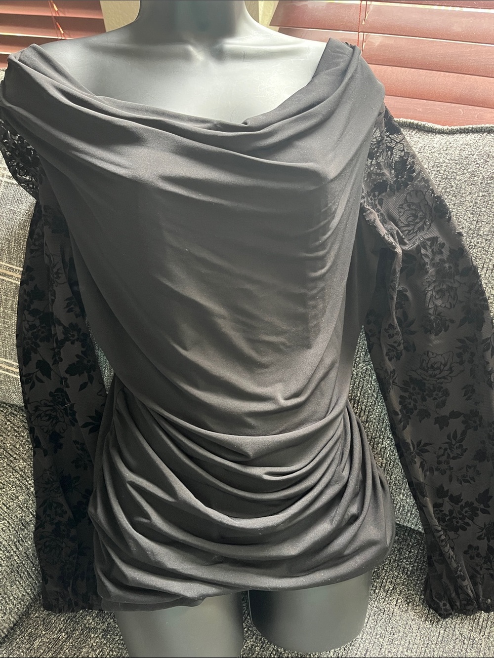 BCX Black Draped Neck Blouse with Lace Sleeves